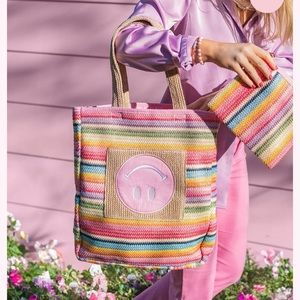 Packed party bring on the fun smiley woven rainbow tote